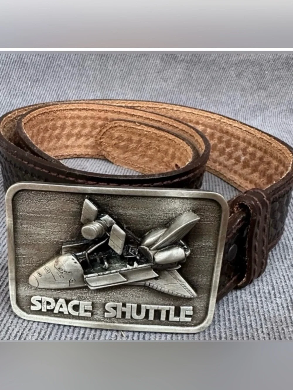 Vintage 70s Space Shuttle Belt Buckle W/ lyntone Leather Belt Sz 34